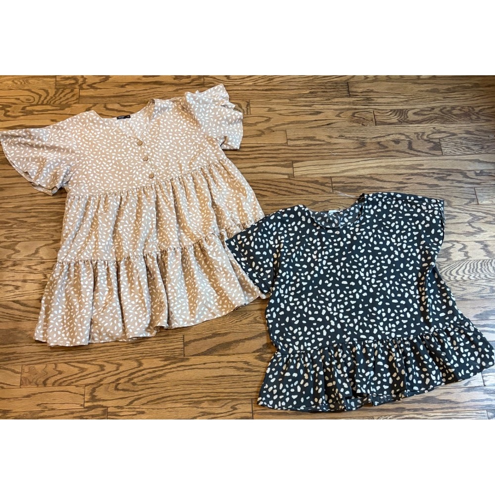 Shein Curve ChicSoul Peplum Blouse Lot 2 Womens 4XL Black Tan Speckled Ruffle